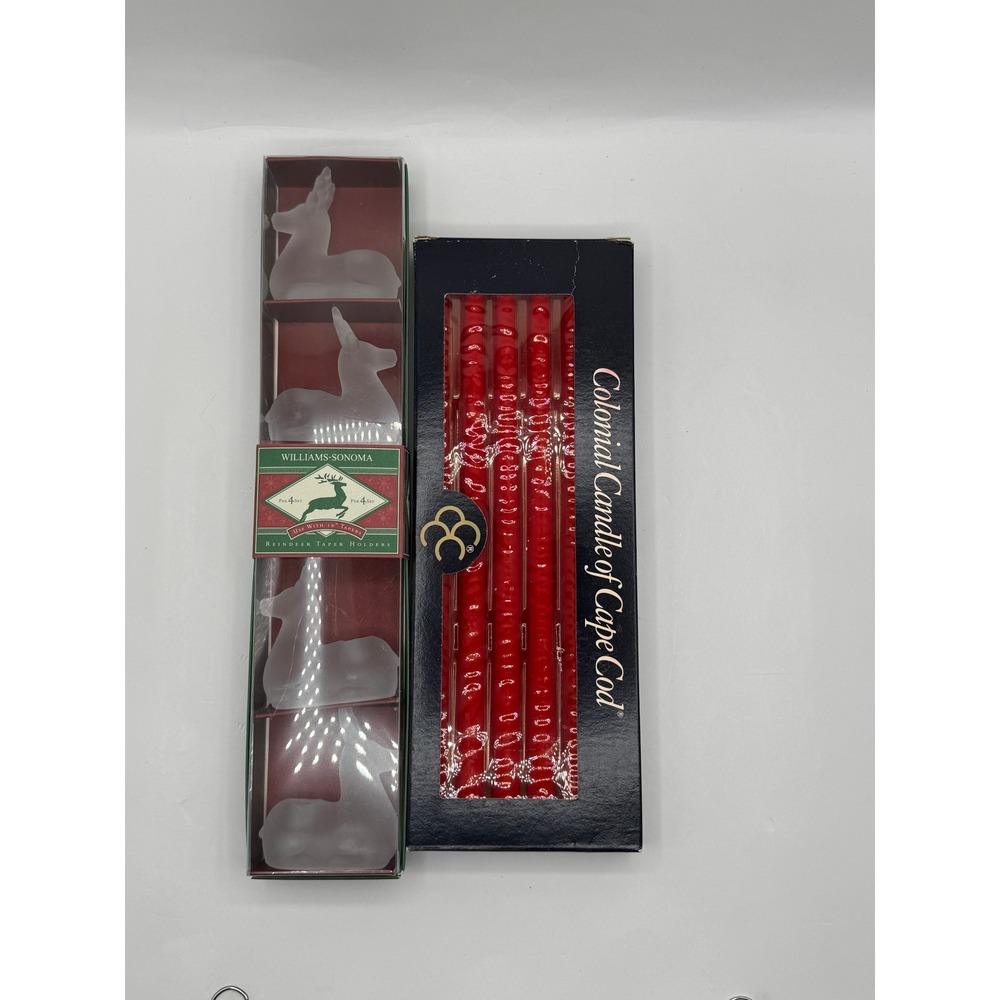 Williams-Sonoma Reindeer Taper Holders Set 4 & Colonial Candle 10in Tapers Red